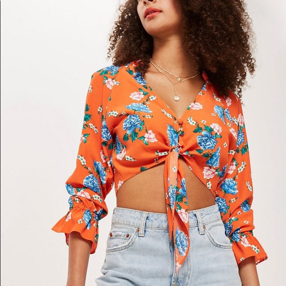 TOPSHOP Floral Tie Plunge Blouse
